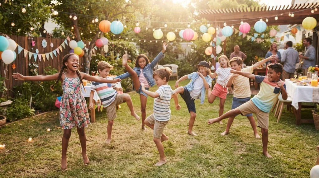 Kids frozen mid-dance during a game of freeze dance at an outdoor party