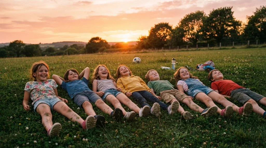 Kids relaxing on the grass after a day of outdoor games at sunset