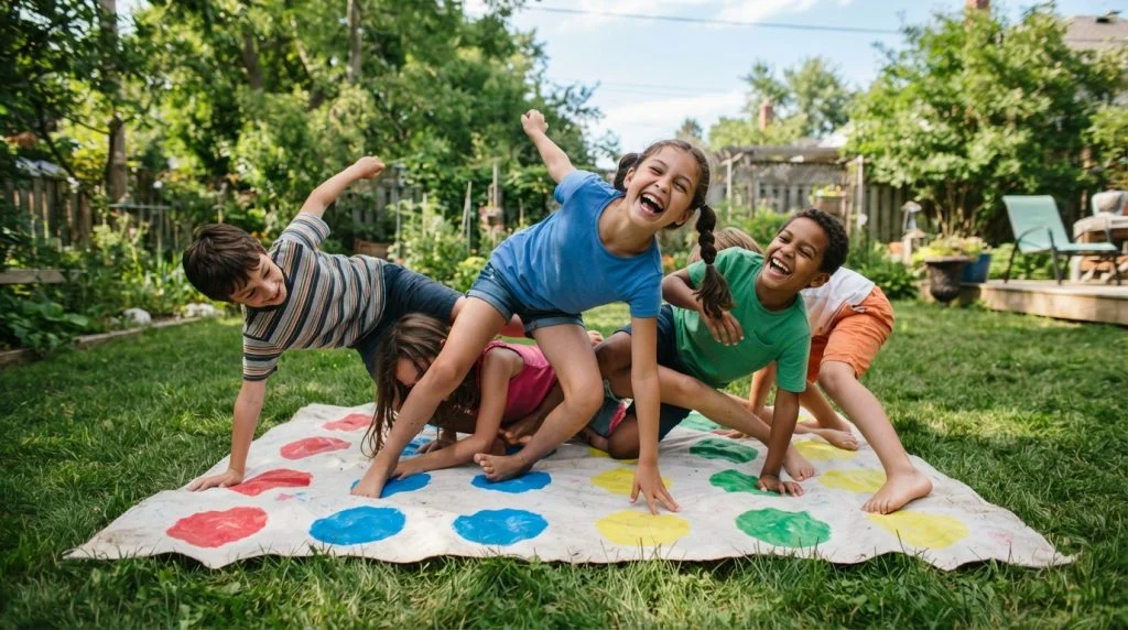 Kids playing a homemade Twister game outdoors on the lawn