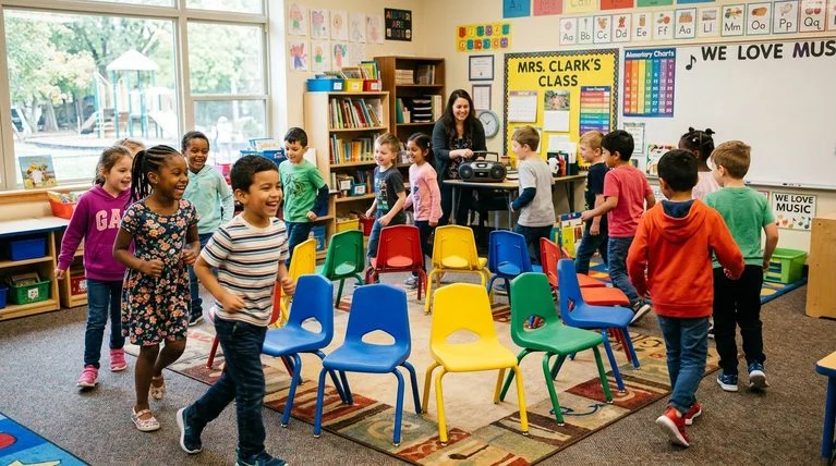 Students playing musical chairs during indoor recess.