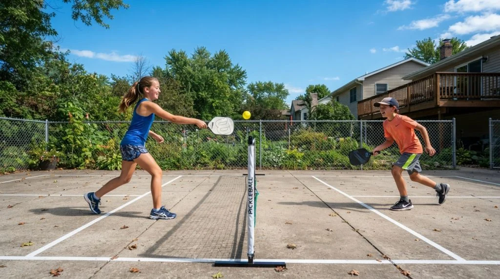 Kids playing pickleball outdoors on a driveway court