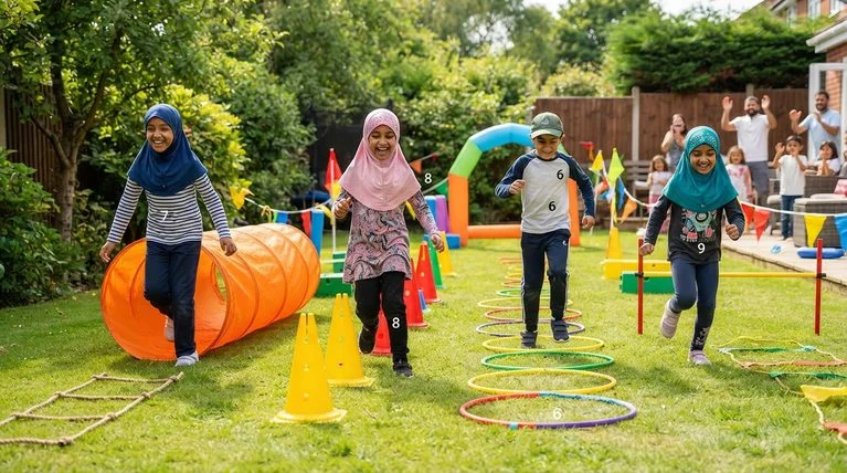 Children playing on a homemade outdoor obstacle course.