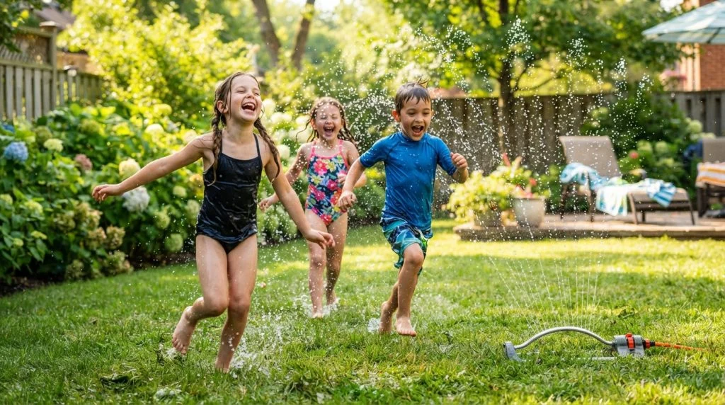 Kids running through a backyard sprinkler on a sunny day