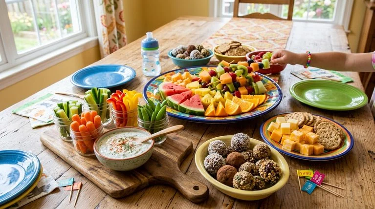 Colorful spread of healthy snacks for kids including fruit, veggies, and energy balls.