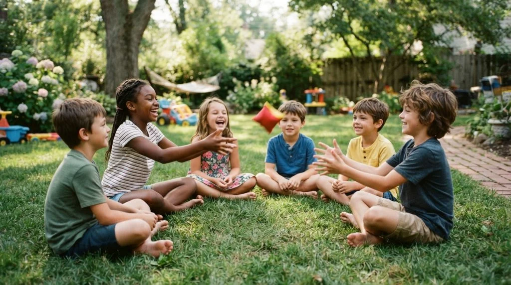 Kids sitting in a circle playing hot potato in the backyard