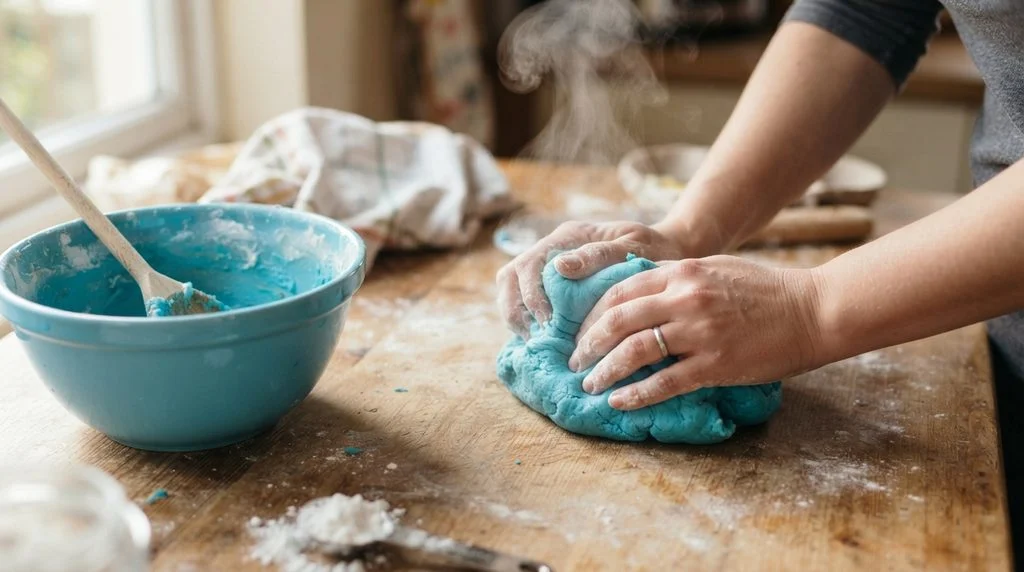 Freshly made microwave playdough being kneaded