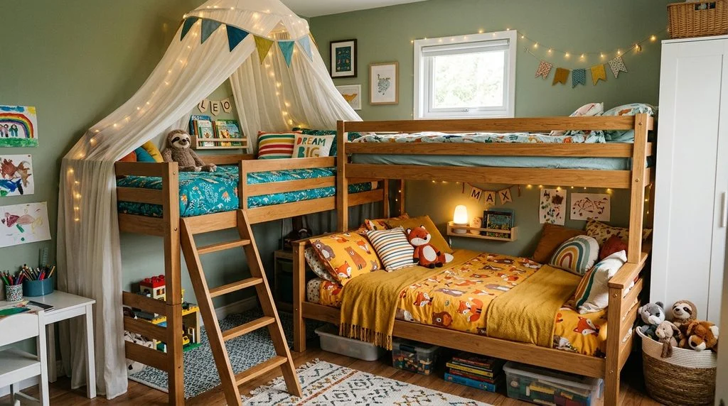 L-shaped bunk beds with a larger bottom bunk for guests in a shared bedroom
