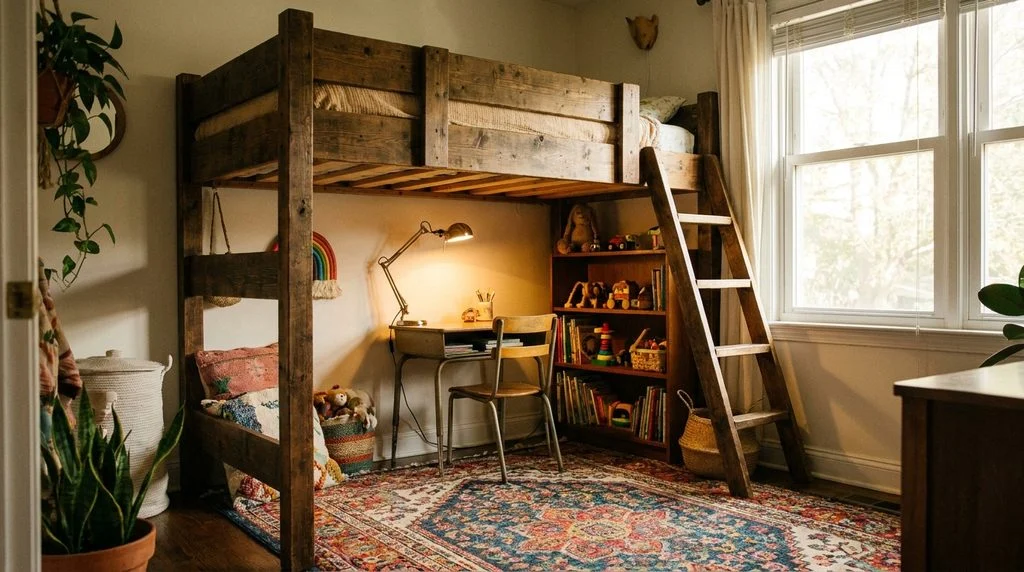 A loft bed with a desk workspace built into the space underneath