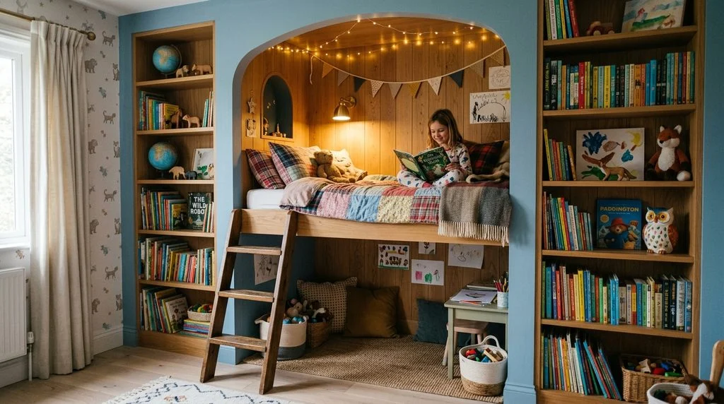 Loft bed nook with built-in storage for a shared kids' bedroom