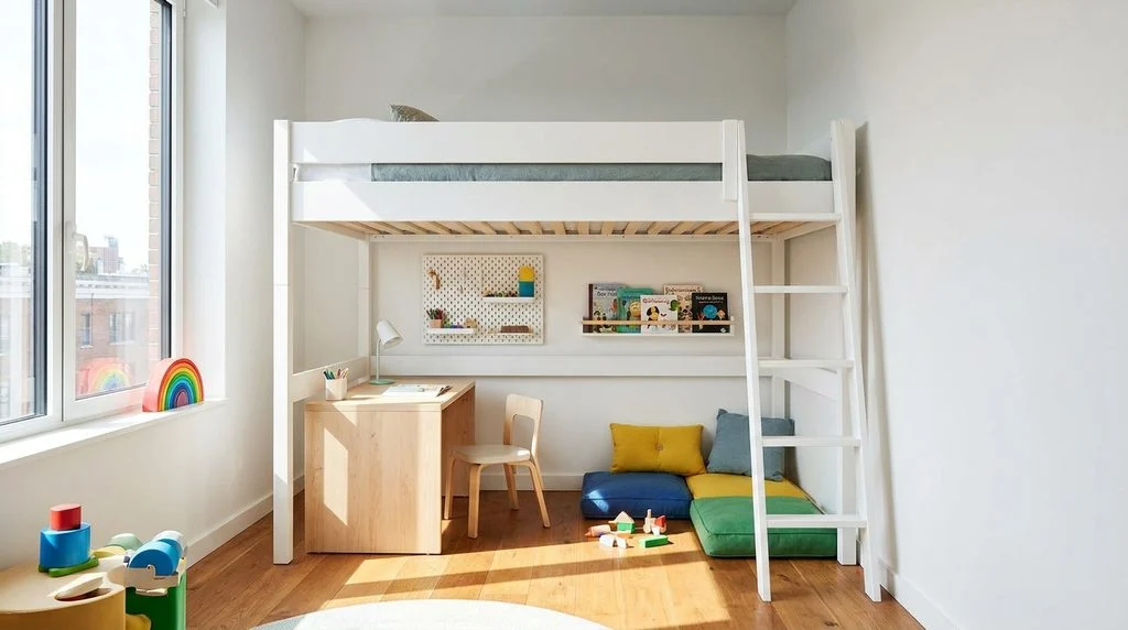White loft bed with an open desk and play area underneath in a small shared children's bedroom.