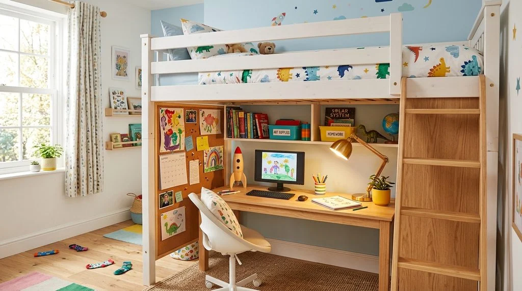 Study desk built underneath a loft bed in a shared bedroom