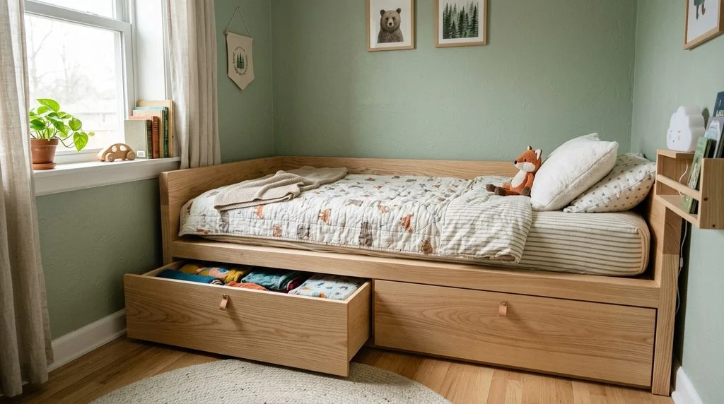 A custom platform bed with built-in under-bed storage in a small shared kids' room