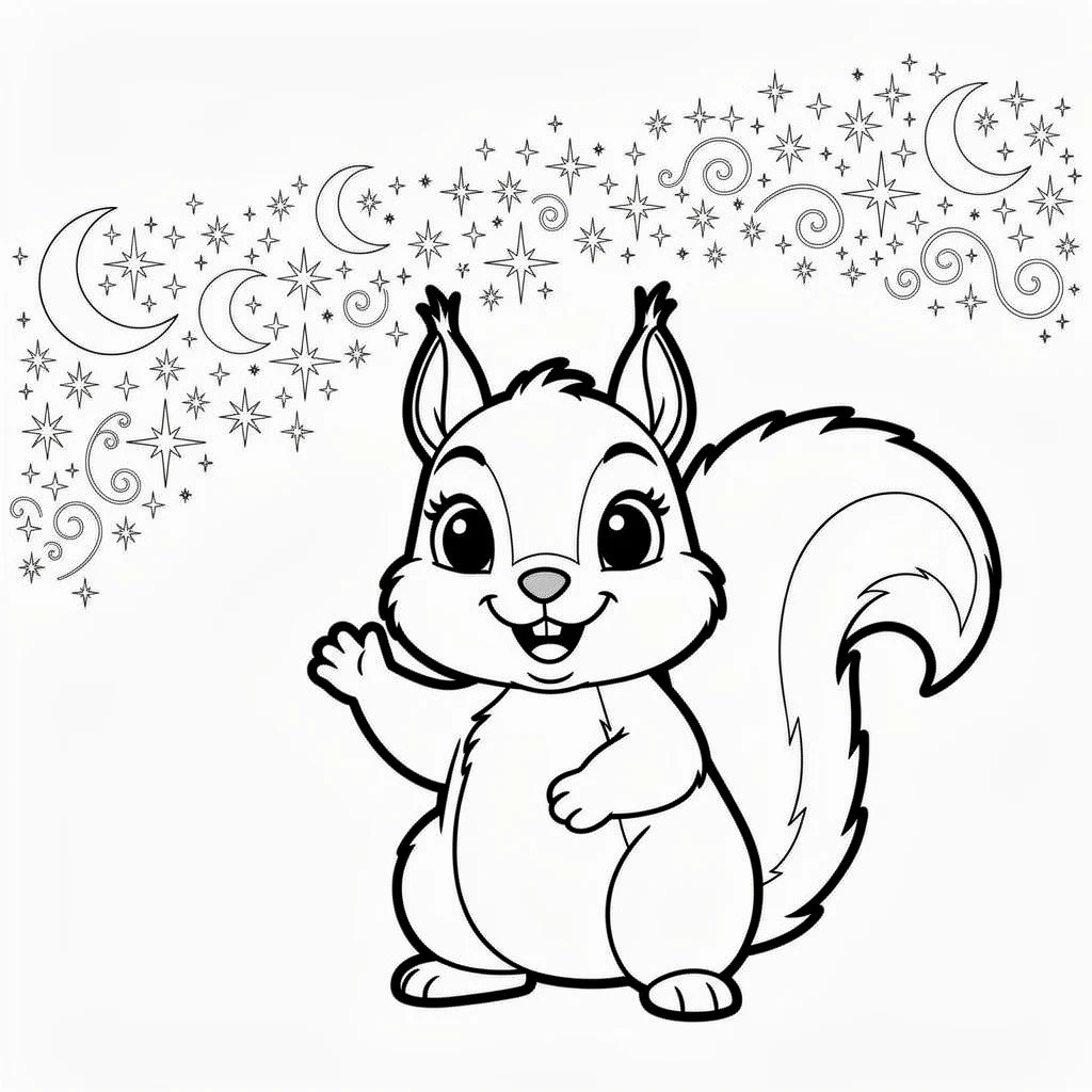 Cartoon squirrel waving against a starry backdrop, coloring page style