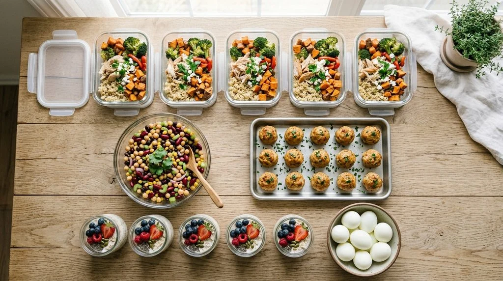 Sunday meal prep spread with five chicken and quinoa bowls, marinated bean salad, turkey meatballs, overnight oats jars and peeled hard-boiled eggs for a week of school lunches.