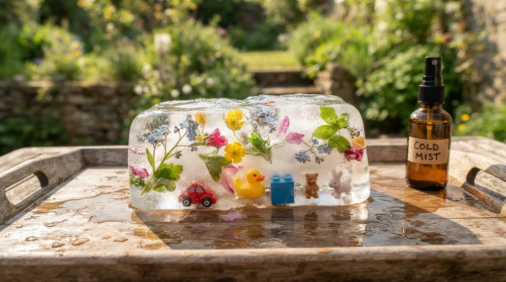 Melting ice block with frozen flowers being excavated with a spray bottle