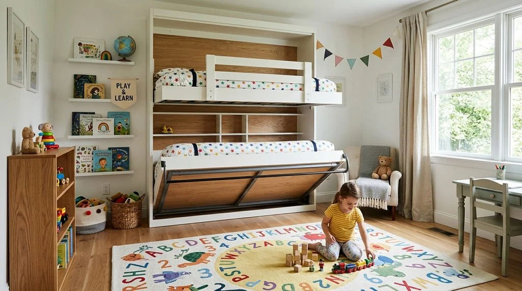 A fold-away bunk bed system that opens up floor space in a small shared bedroom