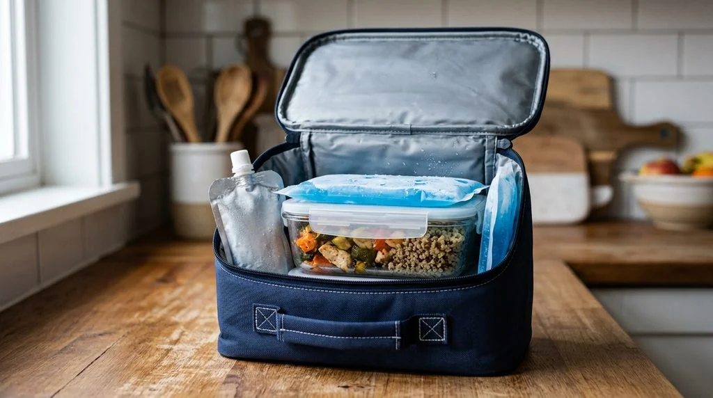 Insulated school lunch bag packed with two ice packs and a frozen yogurt pouch to keep high-protein food cold until lunchtime.