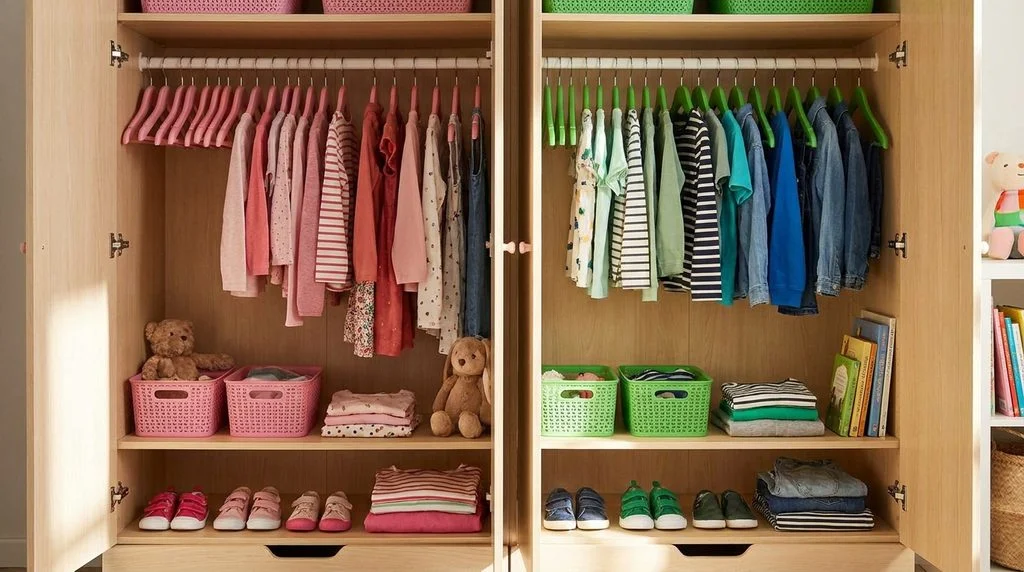 Open kids' wardrobe divided into two halves with different coloured hangers for each sibling.