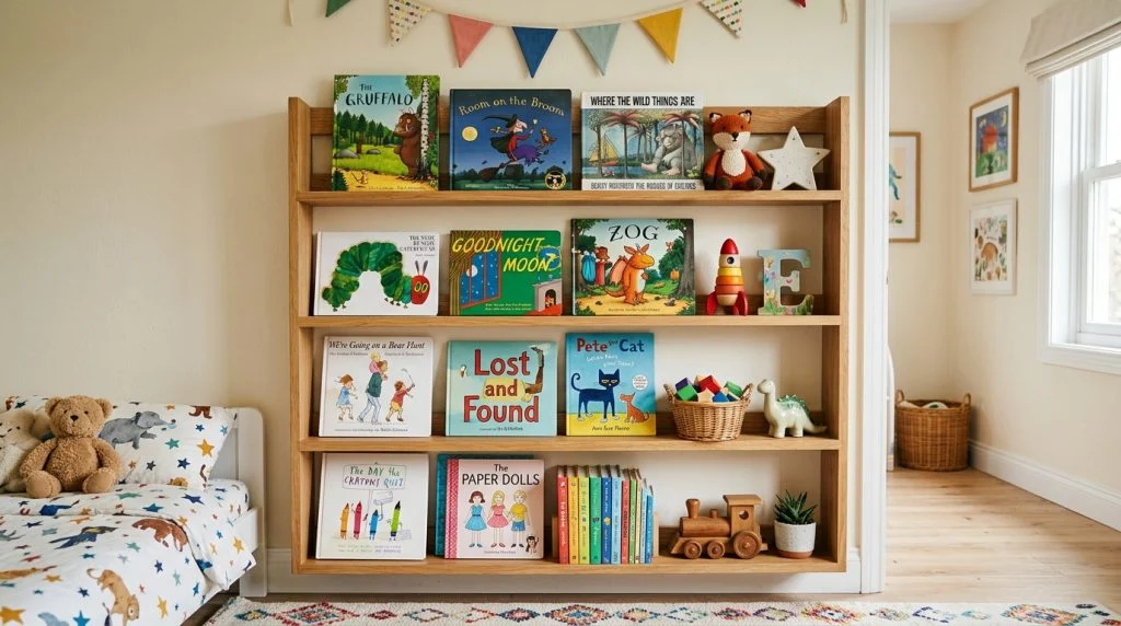 Open shelving displaying children's books and toys.