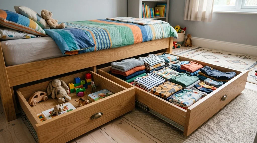 Under-bed storage drawers maximizing space in a small shared kids' bedroom