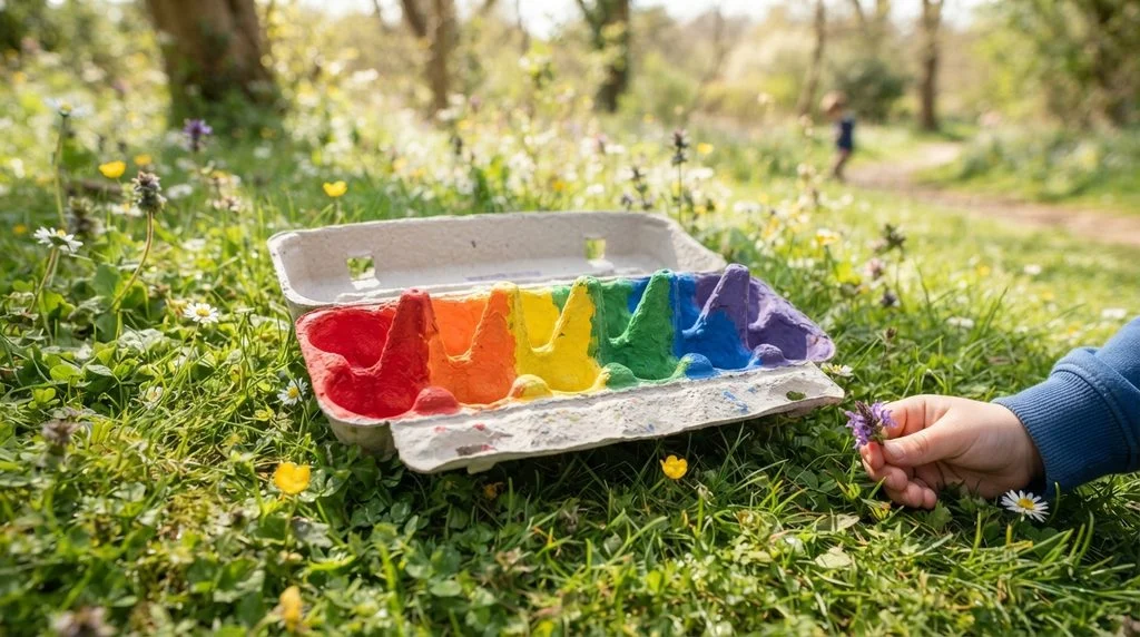 Egg carton painted in rainbow colors used for an outdoor nature scavenger hunt