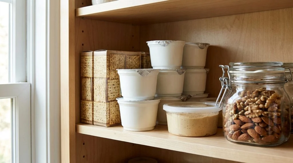 A pantry shelf stocked with healthy packaged after-school snack options