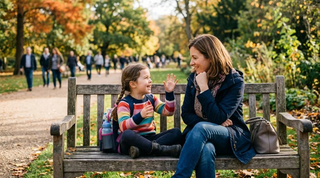 Parent and child having a conversation on a park bench.
