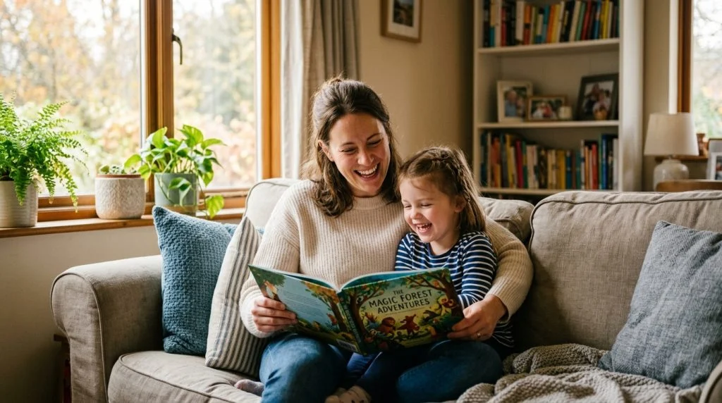 Parent and child bonding over a picture book at home.