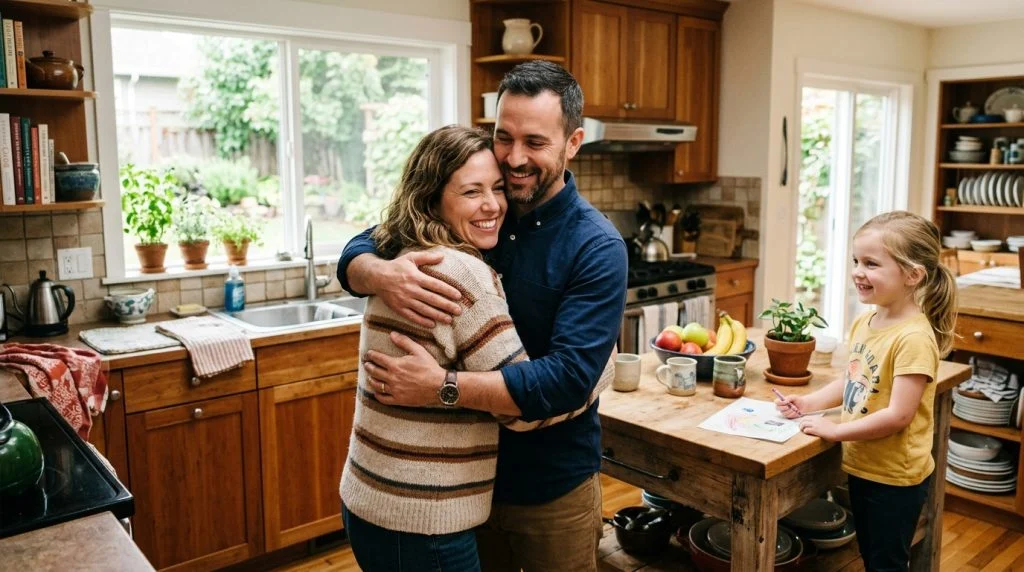 Parents showing affection in front of their child at home.