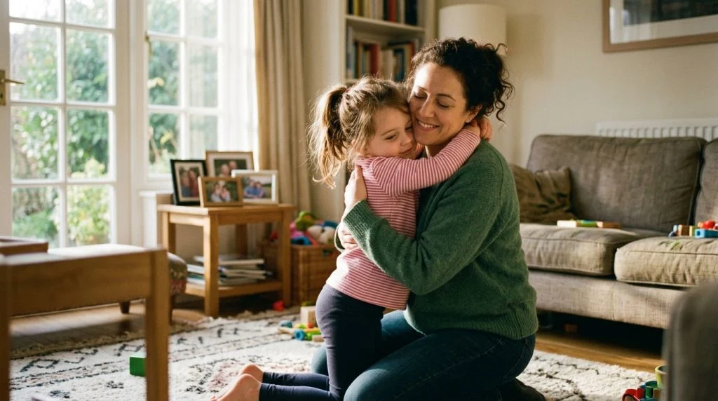 Parent hugging their child affectionately.