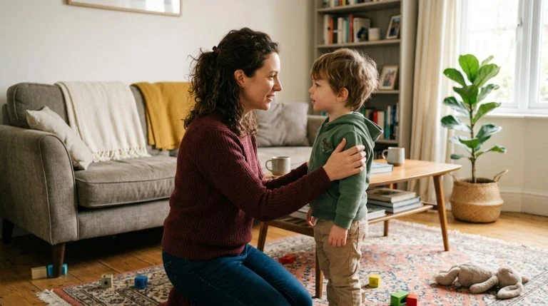 Parent setting a gentle boundary with a child at eye level.