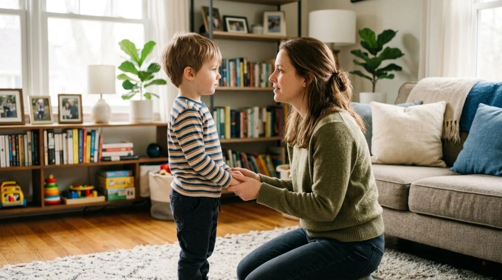 Parent setting a gentle boundary with a child at eye level.
