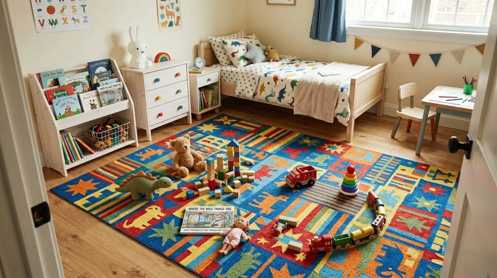 Colorful patterned rug in a children's playroom or bedroom.