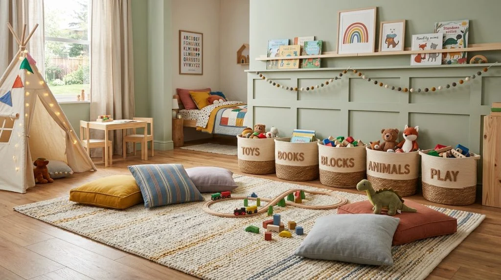 Open play zone with rug and floor cushions in a child's bedroom.