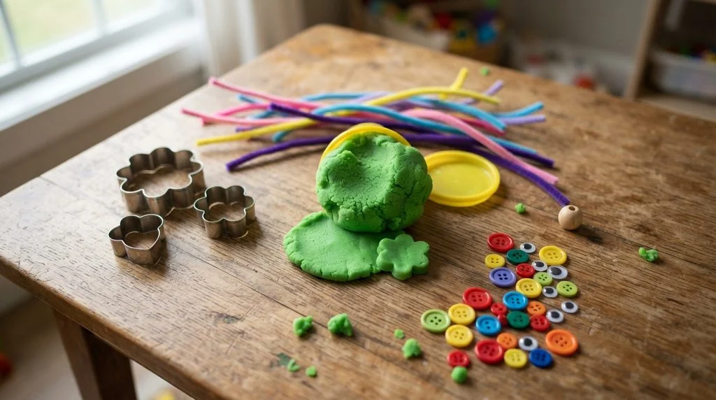 Green playdough with flower cookie cutters and pipe cleaners for spring garden play