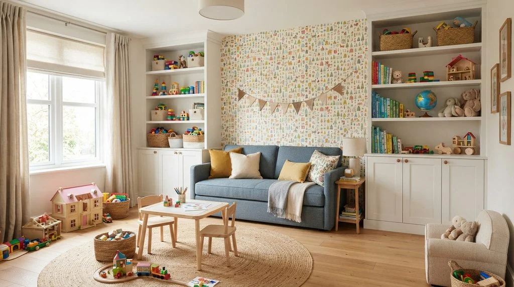 Multifunctional playroom with a sleeper sofa and hidden toy storage.