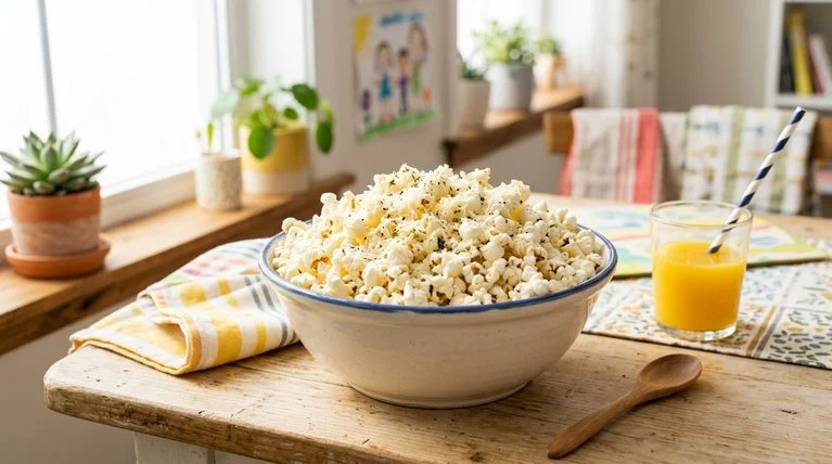 Bowl of parmesan-seasoned popcorn as a healthy kids snack.