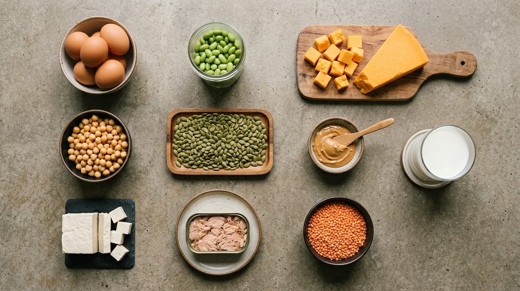 High-protein lunchbox ingredients laid out in groups including eggs, cheddar, edamame, chickpeas, pumpkin seeds, peanut butter, tofu, canned tuna, red lentils and milk.