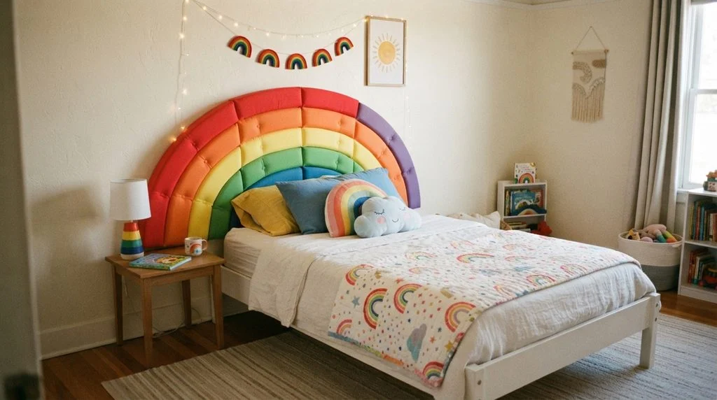 DIY rainbow padded headboard on a child's bed.