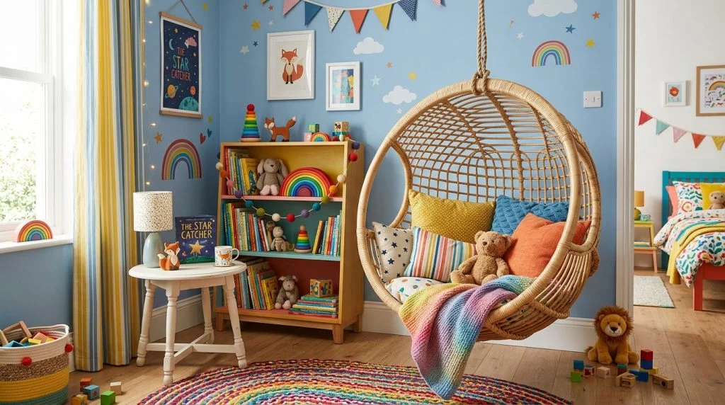 Rattan hanging chair in a children's bedroom reading corner.
