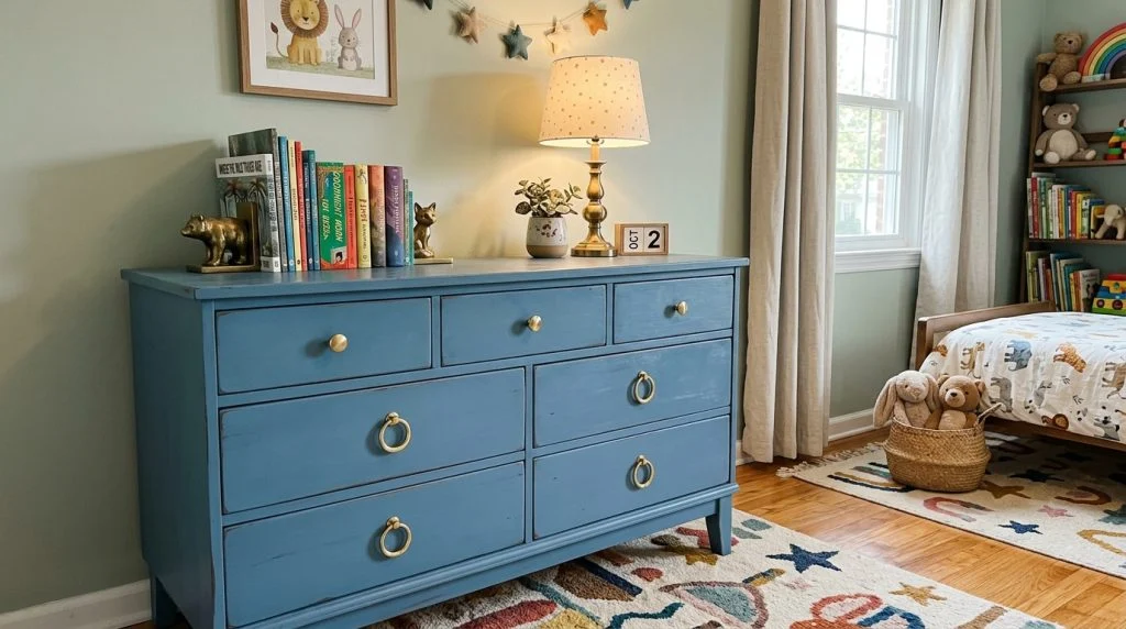 Repainted vintage dresser used as storage in a kids' room.