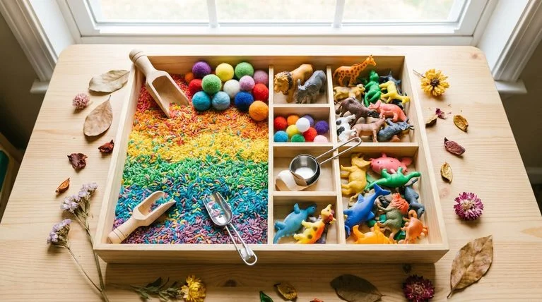 Sensory play tray with colorful rice, scoops, and toys for kids