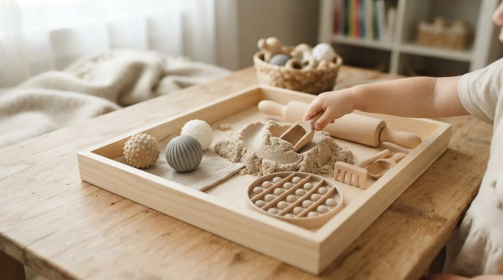 Sensory tray with kinetic sand, textured balls, and fidget toys for sensitive children