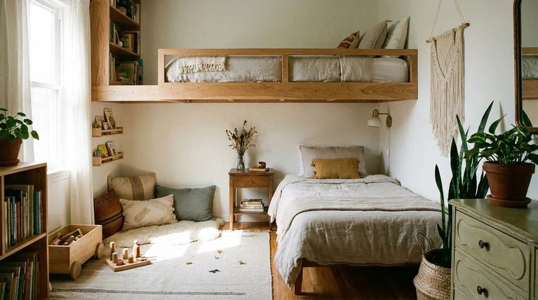An L-shaped loft and twin bed arrangement that opens up floor space in a small shared room