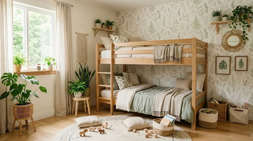 Neutral, nature-inspired shared bedroom with bunk beds and botanical accents