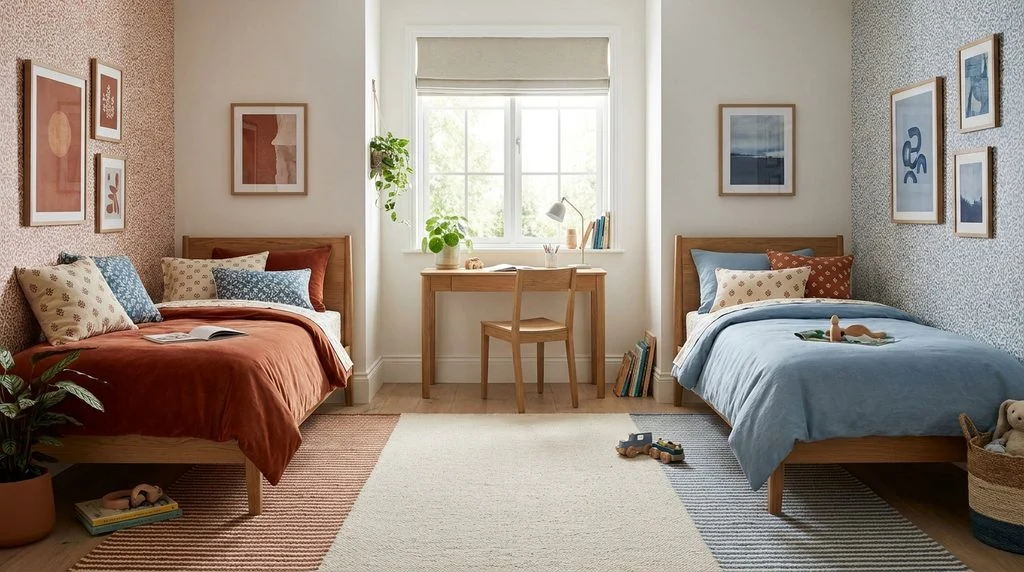 Coordinated shared kids' bedroom using a cream, rust and blue palette differently on each child's side.