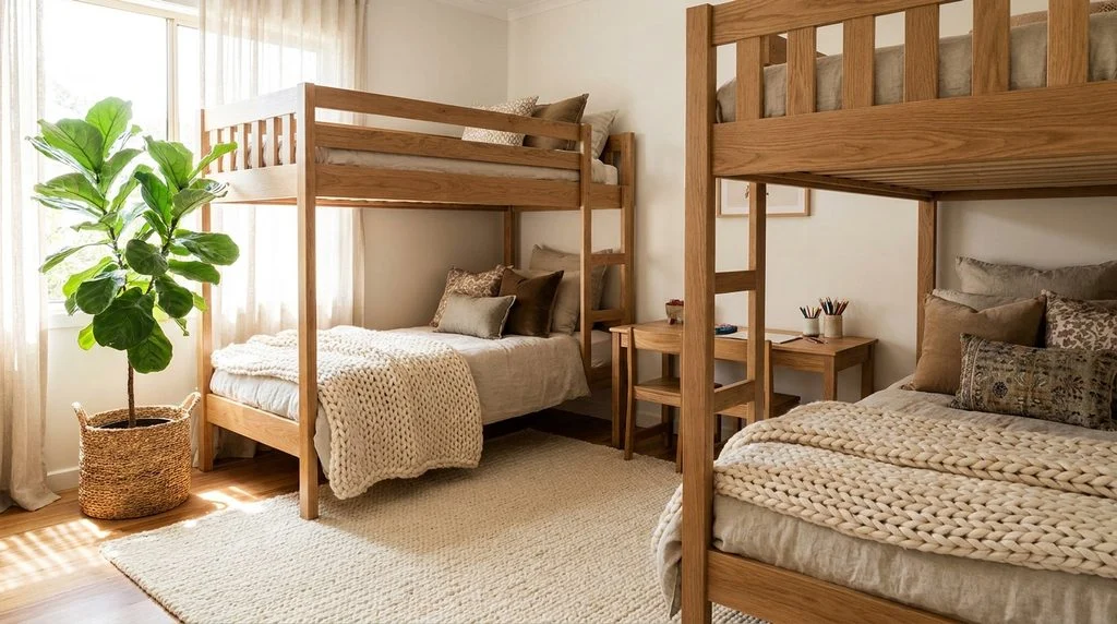 Shared kids' bedroom softened with a chunky throw, layered cushions, a large plant and a wool rug tying both sides together.