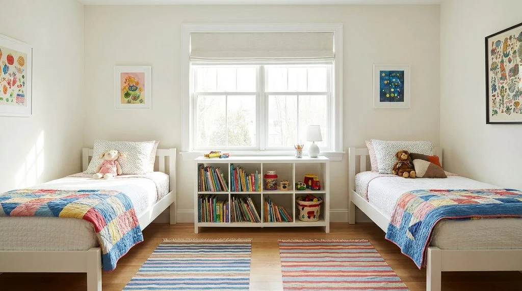 Two twin beds arranged on either side of a central window to divide a shared kids' bedroom.