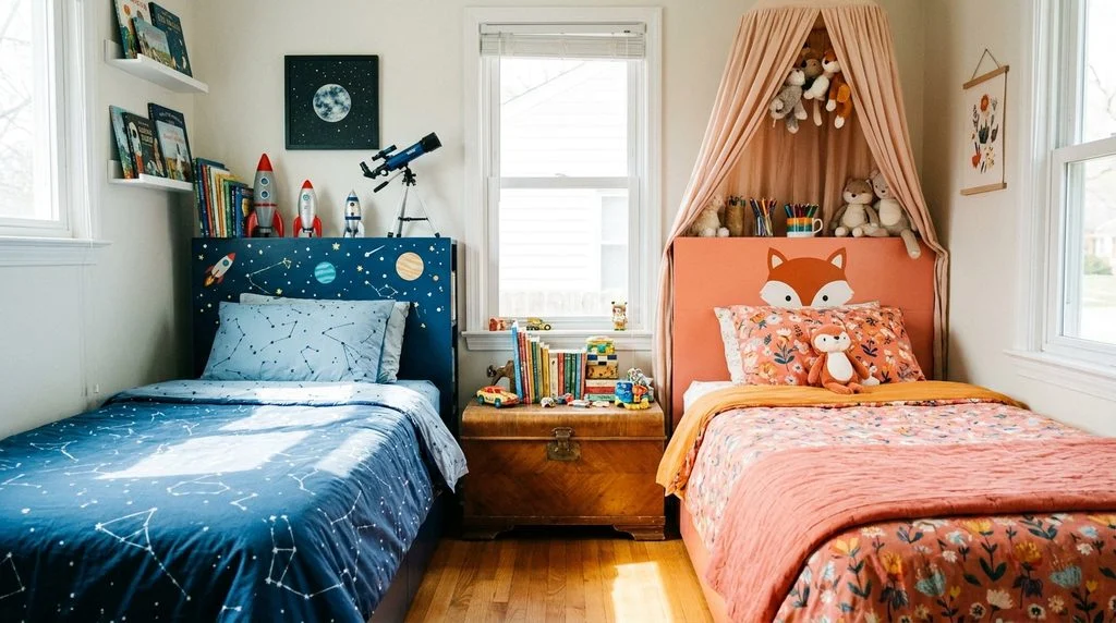 Two contrasting twin beds in a shared kids' room, one styled in blues and one in corals, reflecting each child's taste.