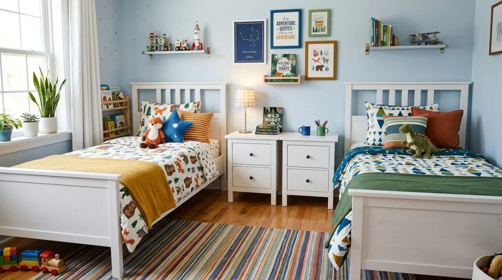 Shared kids' bedroom with two twin beds in coordinating bedding.